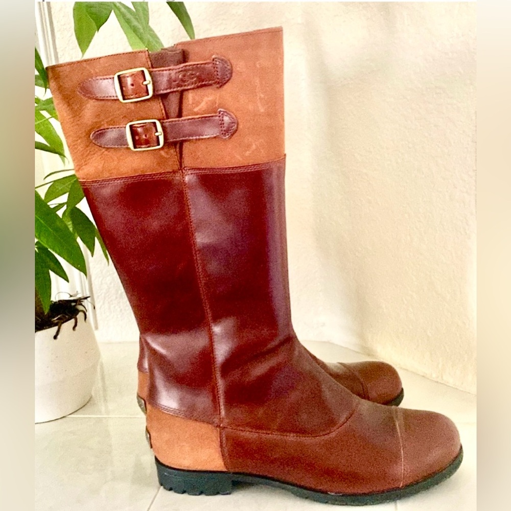 UGG tall cap toe cognac leather boots with shearling